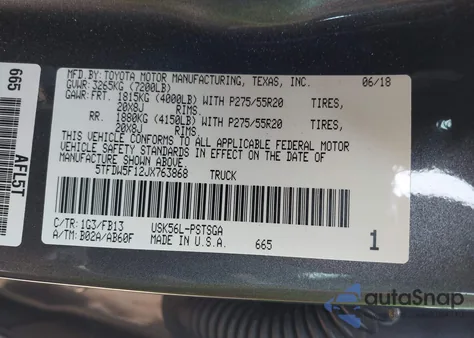 2018 Toyota Tundra Sr5 5.7L V8 z USA, uszkodzony, nr VIN 5TFDW5F12JX763868